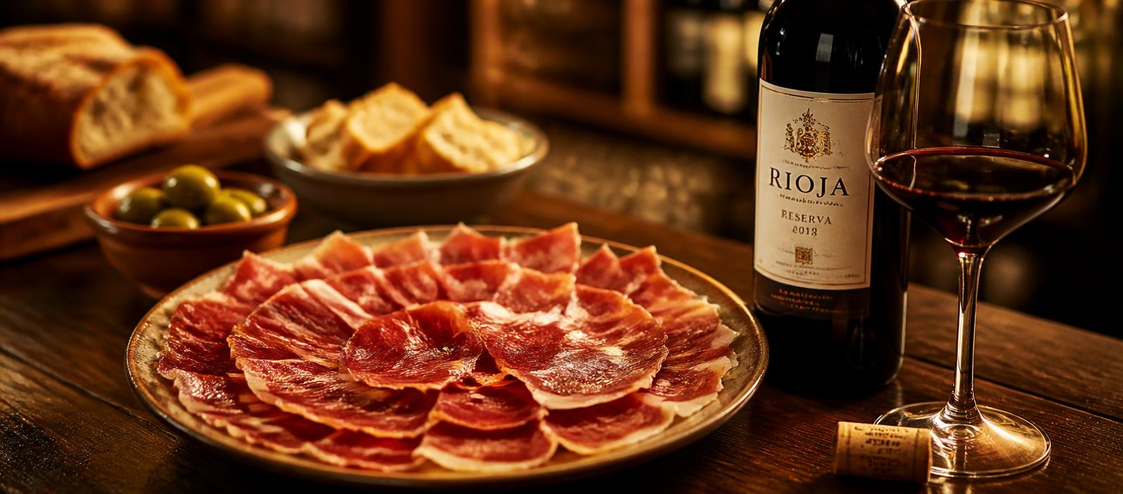 Plato de jamón serrano español con botella de vino
